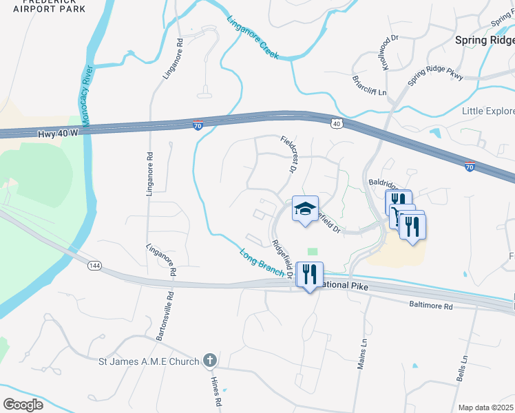 map of restaurants, bars, coffee shops, grocery stores, and more near 6340 Springwater Terrace in Frederick