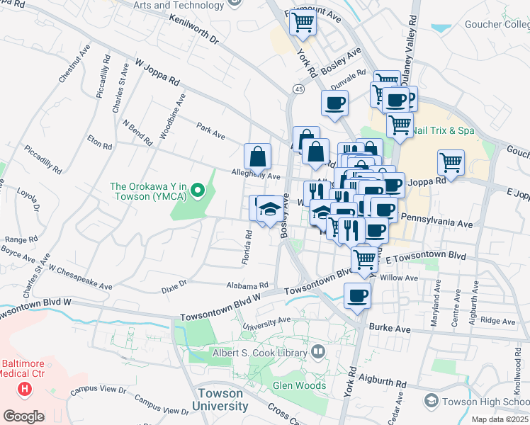 map of restaurants, bars, coffee shops, grocery stores, and more near 403 Central Avenue in Towson