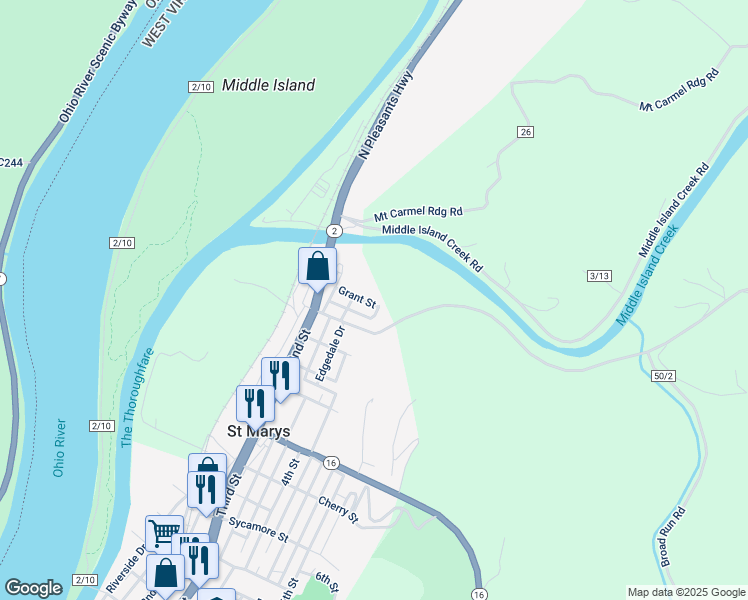 map of restaurants, bars, coffee shops, grocery stores, and more near 219 Grant Street in St. Marys