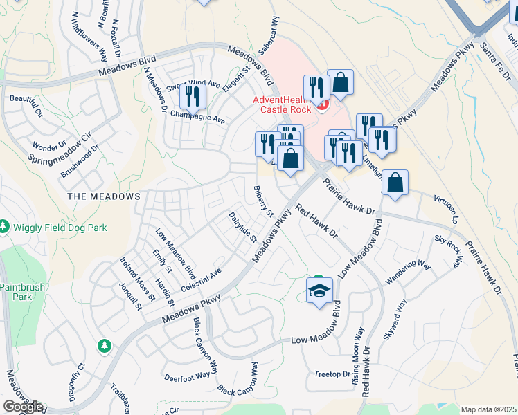 map of restaurants, bars, coffee shops, grocery stores, and more near 3715 Bilberry Street in Castle Rock