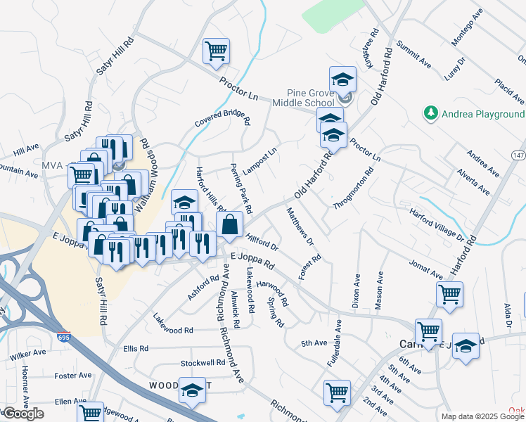 map of restaurants, bars, coffee shops, grocery stores, and more near 9016 Old Harford Road in Parkville
