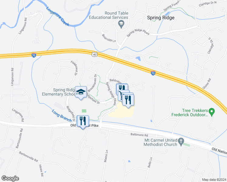 map of restaurants, bars, coffee shops, grocery stores, and more near 6089 Flagstone Court in Frederick