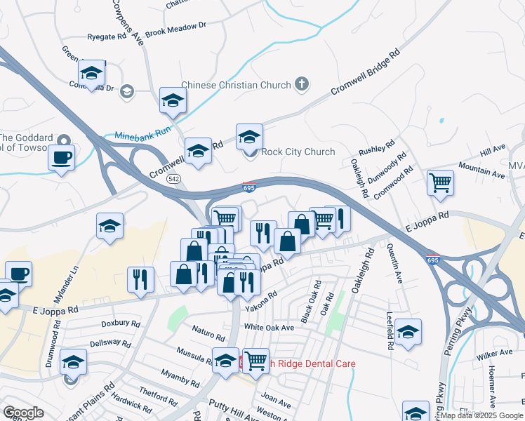 map of restaurants, bars, coffee shops, grocery stores, and more near 8733 Lackawanna Avenue in Parkville