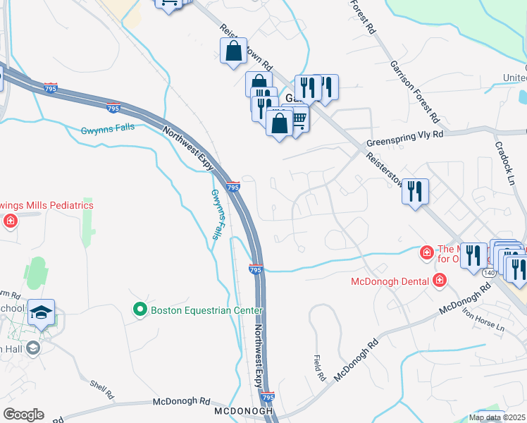 map of restaurants, bars, coffee shops, grocery stores, and more near 8301 Township Dr in Owings Mills