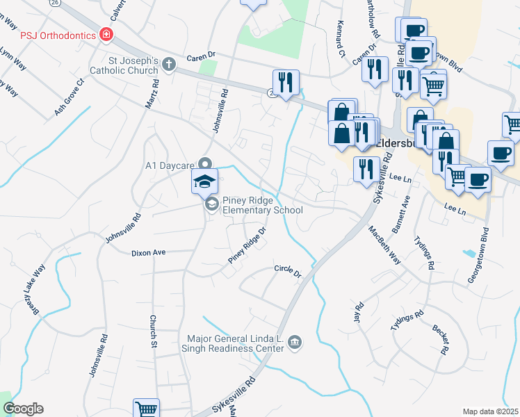 map of restaurants, bars, coffee shops, grocery stores, and more near 6433 Tamarack Circle in Eldersburg