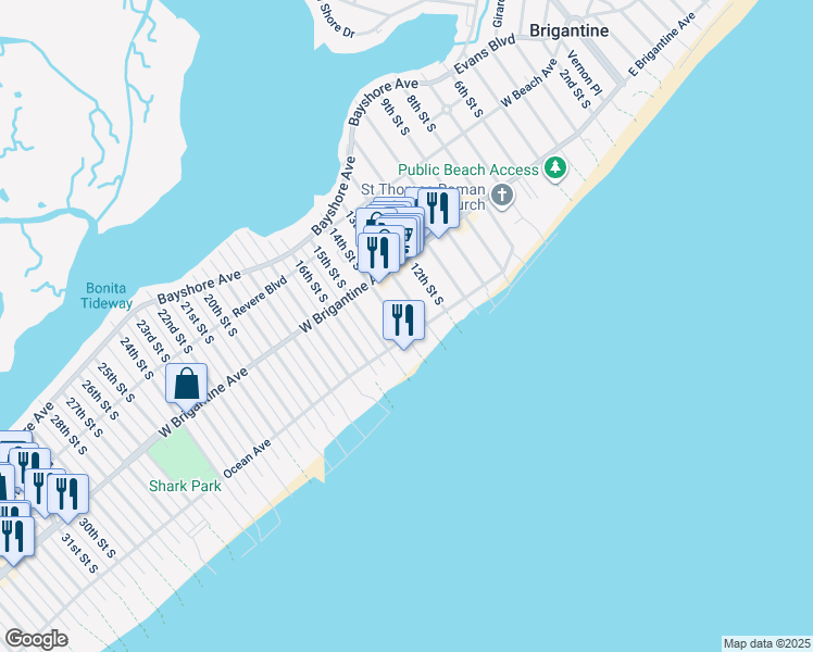 map of restaurants, bars, coffee shops, grocery stores, and more near 1319 Ocean Avenue in Brigantine