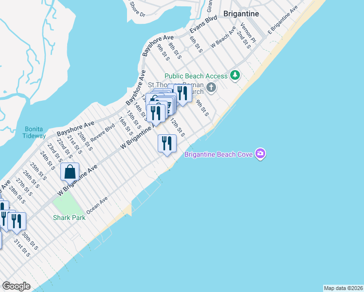 map of restaurants, bars, coffee shops, grocery stores, and more near 1204 Ocean Avenue in Brigantine
