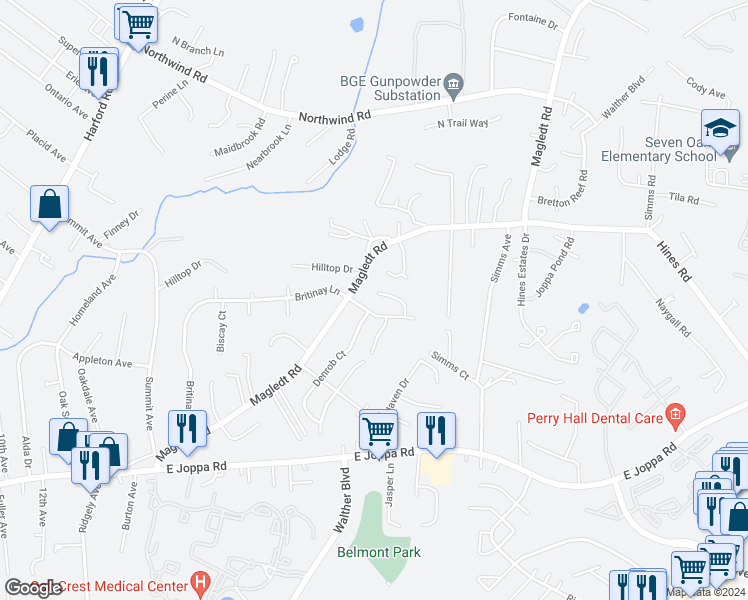 map of restaurants, bars, coffee shops, grocery stores, and more near 15 Melanie Court in Parkville