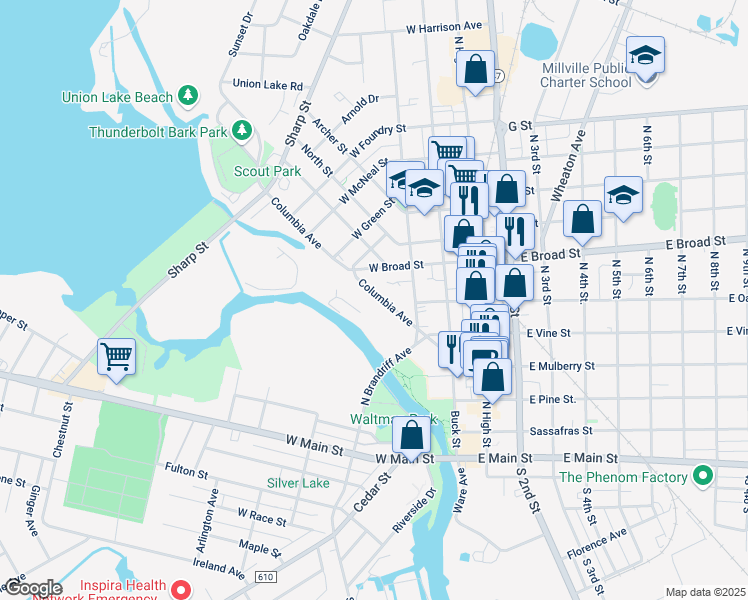 map of restaurants, bars, coffee shops, grocery stores, and more near 550 Columbia Avenue in Millville