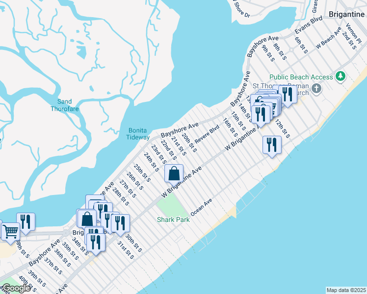 map of restaurants, bars, coffee shops, grocery stores, and more near 2005 Revere Boulevard in Brigantine