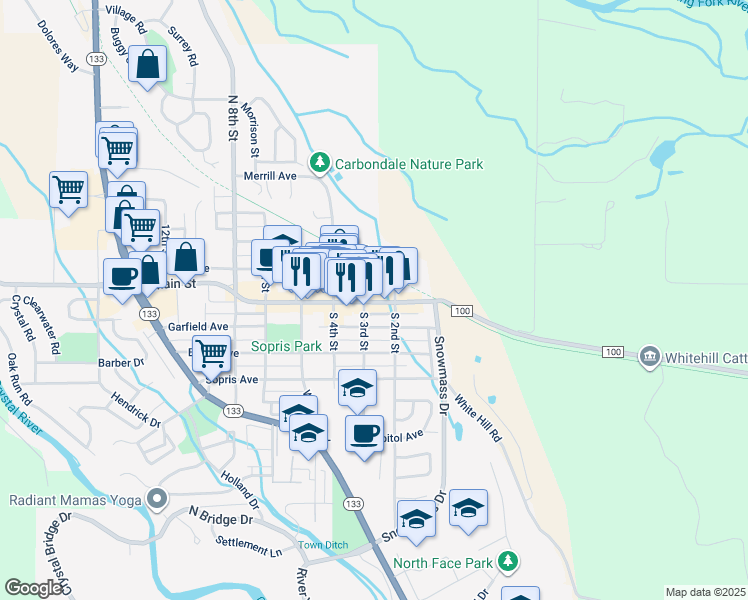 map of restaurants, bars, coffee shops, grocery stores, and more near 269 Main Street in Carbondale