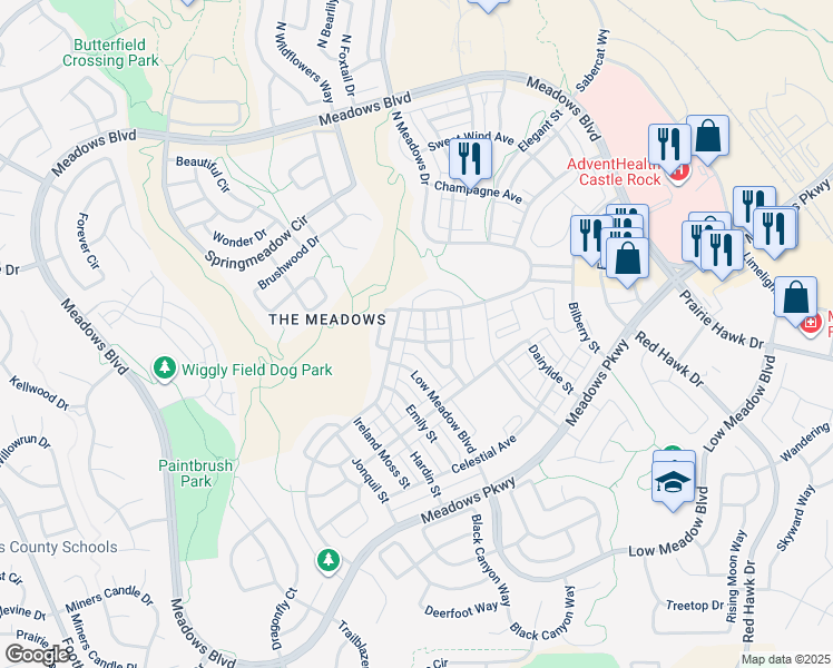 map of restaurants, bars, coffee shops, grocery stores, and more near 3015 Summer Day Avenue in Castle Rock