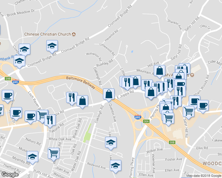 map of restaurants, bars, coffee shops, grocery stores, and more near 8712 Jenifer Road in Parkville