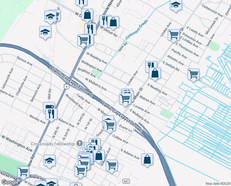 map of restaurants, bars, coffee shops, grocery stores, and more near 106 West Mulberry Avenue in Pleasantville