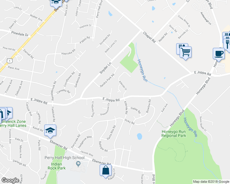 map of restaurants, bars, coffee shops, grocery stores, and more near 4600 East Joppa Road in Perry Hall