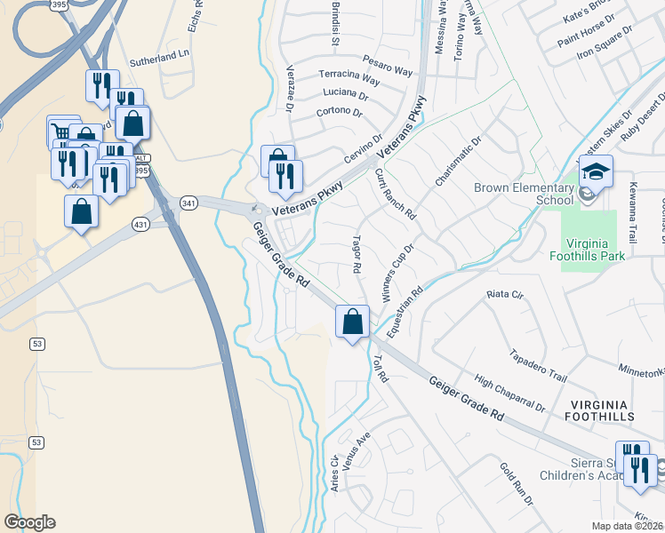 map of restaurants, bars, coffee shops, grocery stores, and more near 14000 Welsh Mountain Court in Reno