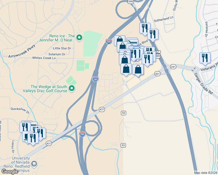 map of restaurants, bars, coffee shops, grocery stores, and more near 1660 Whites Creek Lane in Reno