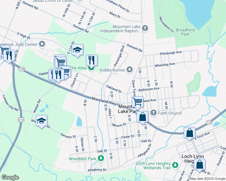 map of restaurants, bars, coffee shops, grocery stores, and more near 710 Oakland Drive in Oakland