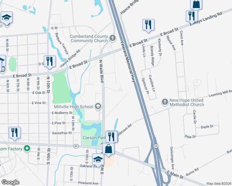 map of restaurants, bars, coffee shops, grocery stores, and more near 1721 Coventry Way in Millville