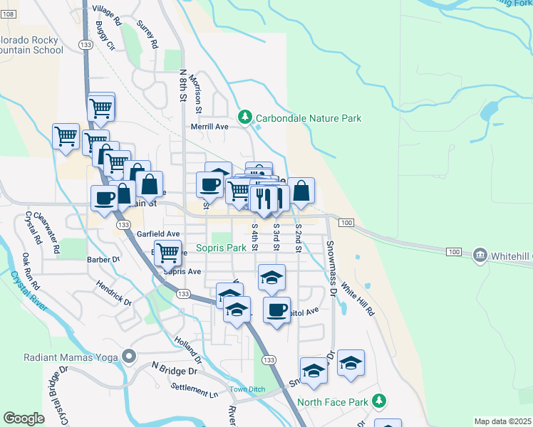 map of restaurants, bars, coffee shops, grocery stores, and more near 411 Main Street in Carbondale