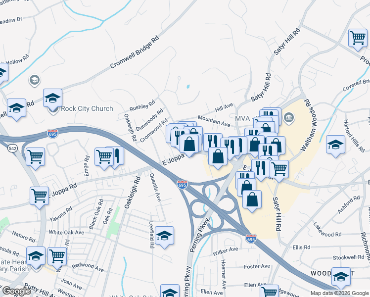 map of restaurants, bars, coffee shops, grocery stores, and more near 1900 East Joppa Road in Parkville