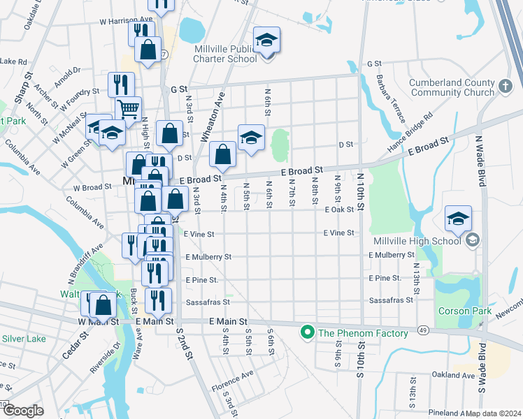 map of restaurants, bars, coffee shops, grocery stores, and more near 519 East Oak Street in Millville