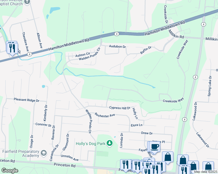 map of restaurants, bars, coffee shops, grocery stores, and more near 6729 Creekside Way in Hamilton