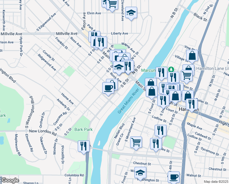 map of restaurants, bars, coffee shops, grocery stores, and more near 202 South B Street in Hamilton