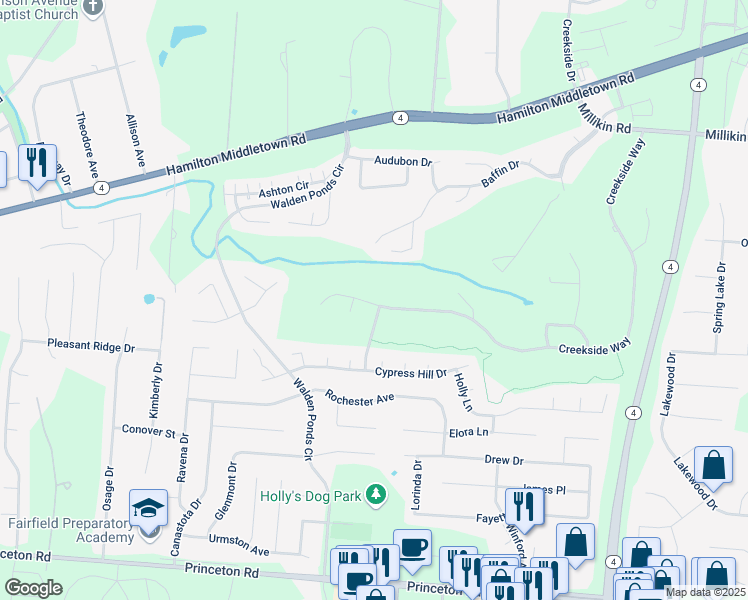map of restaurants, bars, coffee shops, grocery stores, and more near 6729 Creekside Way in Hamilton
