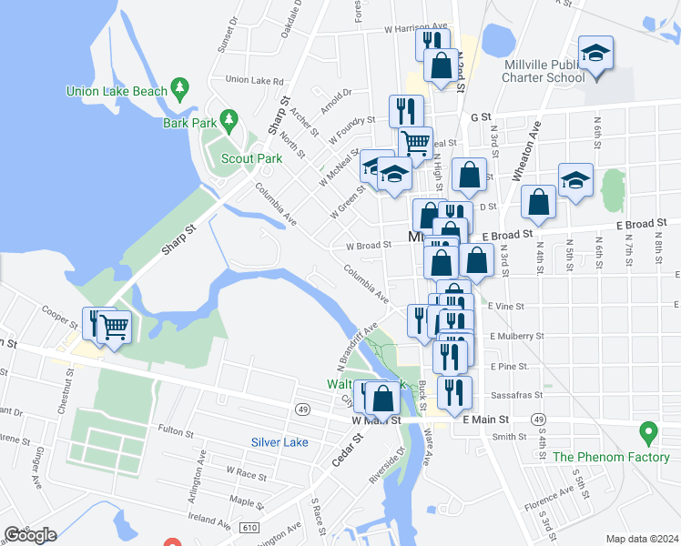 map of restaurants, bars, coffee shops, grocery stores, and more near 558 Columbia Avenue in Millville