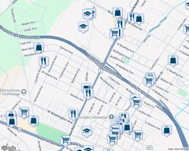 map of restaurants, bars, coffee shops, grocery stores, and more near 253 North New Road in Pleasantville
