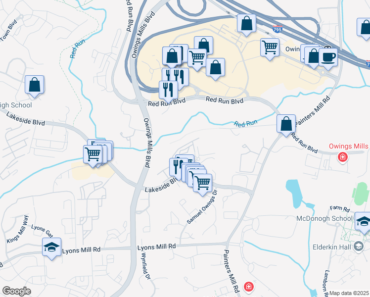map of restaurants, bars, coffee shops, grocery stores, and more near 9401 Groveton Circle in Owings Mills