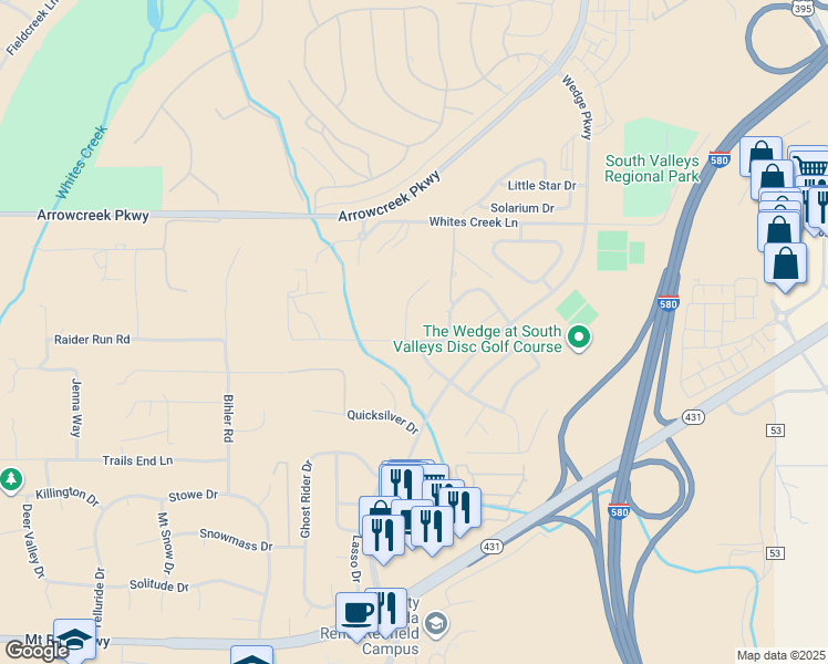 map of restaurants, bars, coffee shops, grocery stores, and more near 16030 Green Springs Drive in Reno