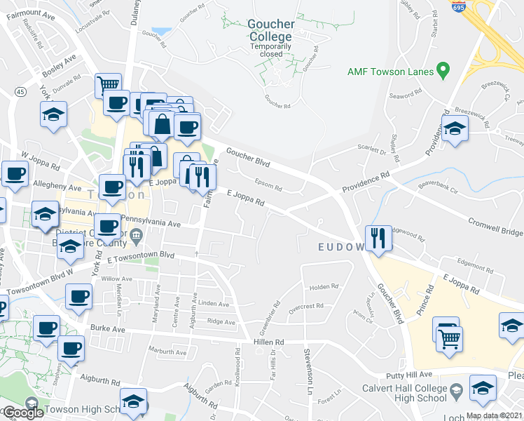 map of restaurants, bars, coffee shops, grocery stores, and more near 521 East Joppa Road in Towson