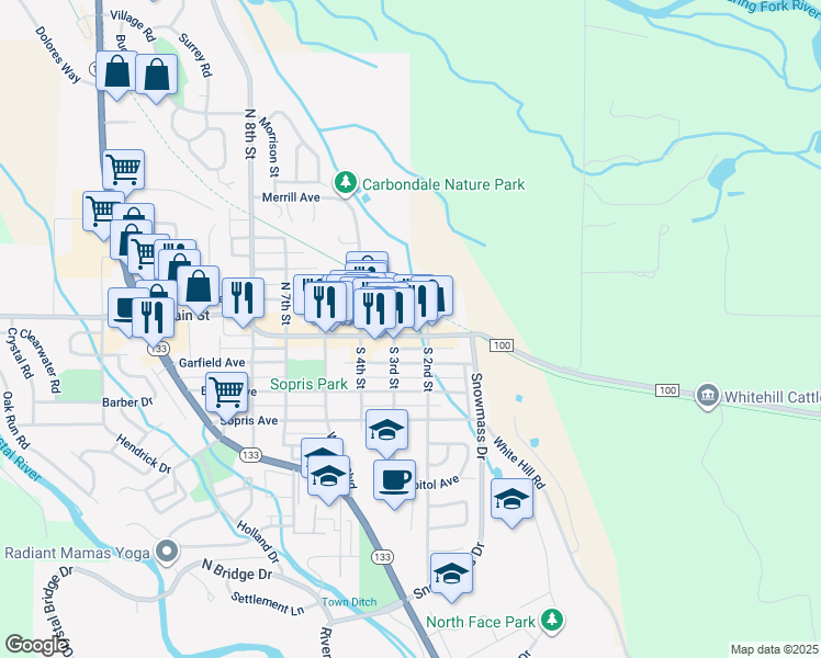 map of restaurants, bars, coffee shops, grocery stores, and more near 269 Main Street in Carbondale