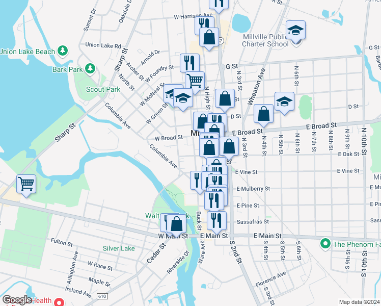 map of restaurants, bars, coffee shops, grocery stores, and more near 8 West Oak Street in Millville