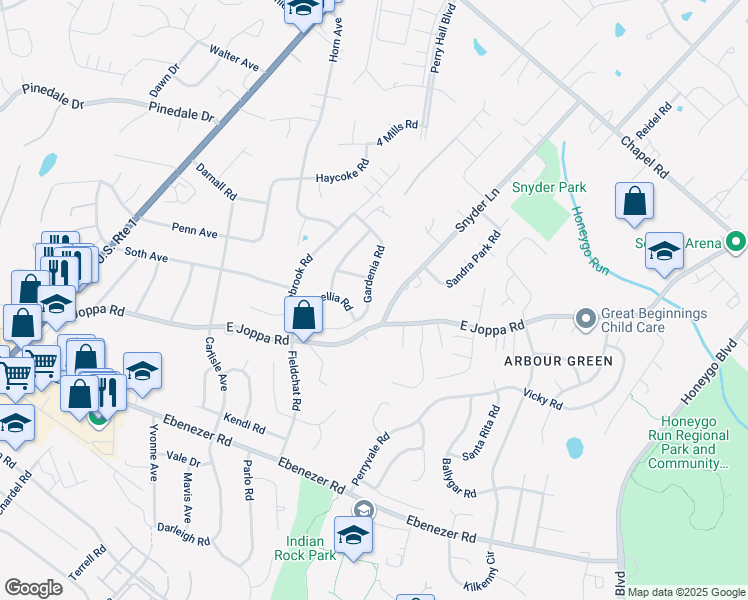 map of restaurants, bars, coffee shops, grocery stores, and more near 9113 Gardenia Road in Nottingham