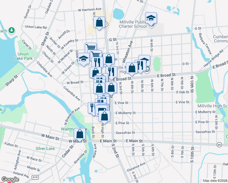 map of restaurants, bars, coffee shops, grocery stores, and more near 426 North 2nd Street in Millville