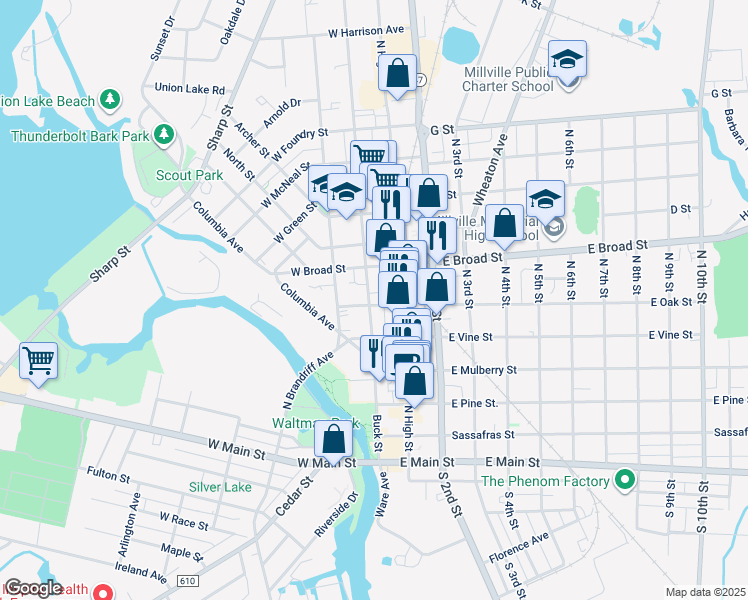 map of restaurants, bars, coffee shops, grocery stores, and more near 8 West Oak Street in Millville