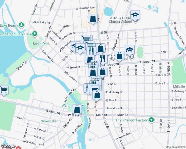map of restaurants, bars, coffee shops, grocery stores, and more near 434 North High Street in Bridgeton