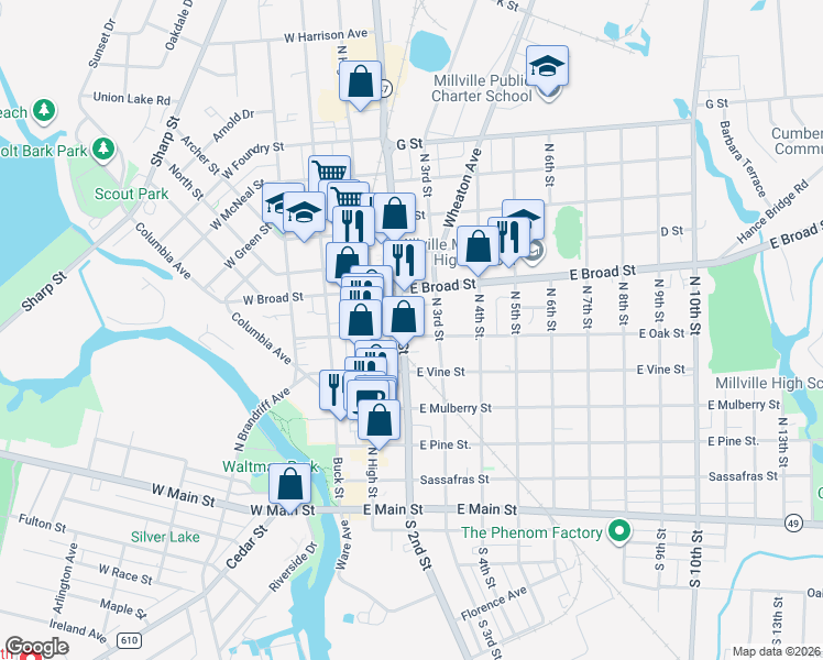map of restaurants, bars, coffee shops, grocery stores, and more near 208 East Oak Street in Millville