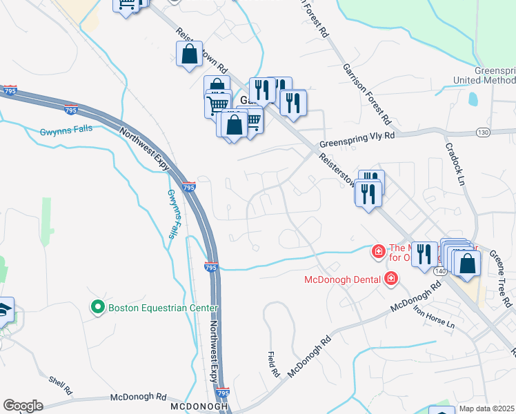 map of restaurants, bars, coffee shops, grocery stores, and more near 4 Homestead Drive in Owings Mills