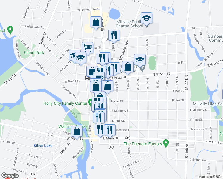 map of restaurants, bars, coffee shops, grocery stores, and more near 210A East Oak Street in Millville