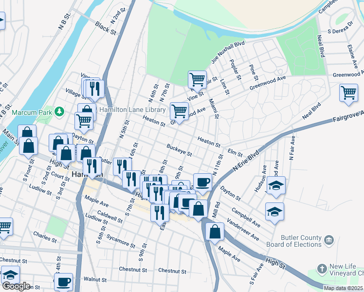 map of restaurants, bars, coffee shops, grocery stores, and more near 826 Buckeye Street in Hamilton