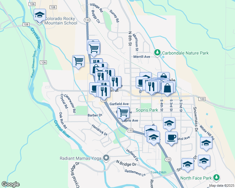 map of restaurants, bars, coffee shops, grocery stores, and more near 888 Main Court in Carbondale