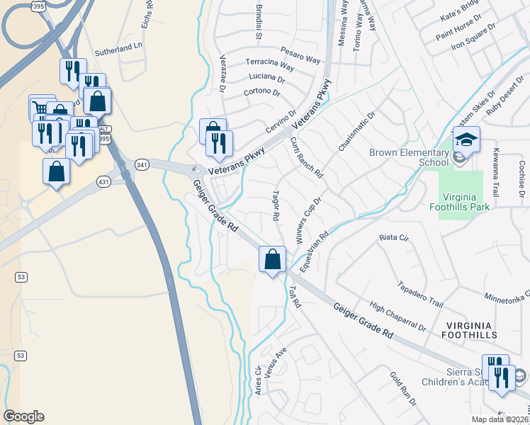 map of restaurants, bars, coffee shops, grocery stores, and more near 14000 Welsh Mountain Court in Reno