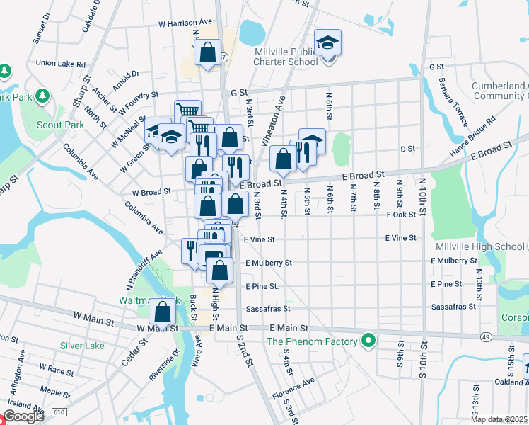 map of restaurants, bars, coffee shops, grocery stores, and more near 430 North 3rd Street in Millville