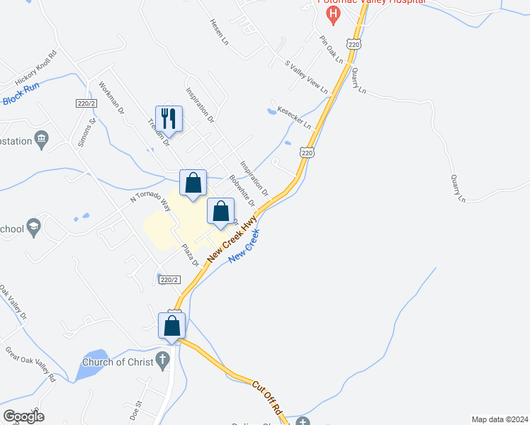 map of restaurants, bars, coffee shops, grocery stores, and more near 2084 New Creek Highway in Keyser