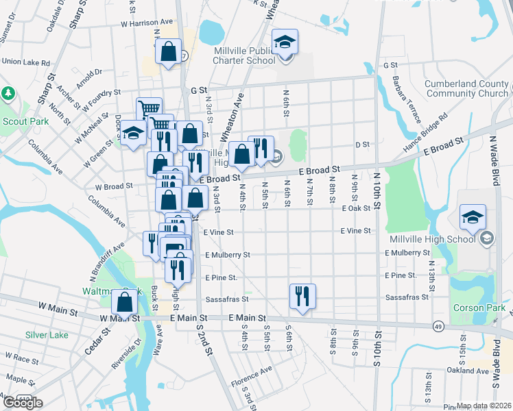 map of restaurants, bars, coffee shops, grocery stores, and more near 422 North 5th Street in Millville
