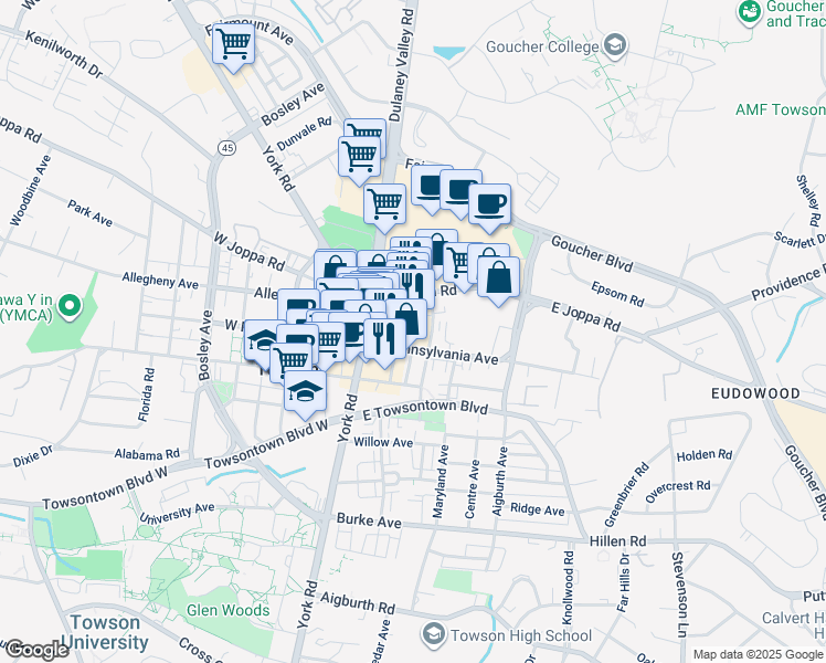map of restaurants, bars, coffee shops, grocery stores, and more near 111 East Joppa Road in Towson